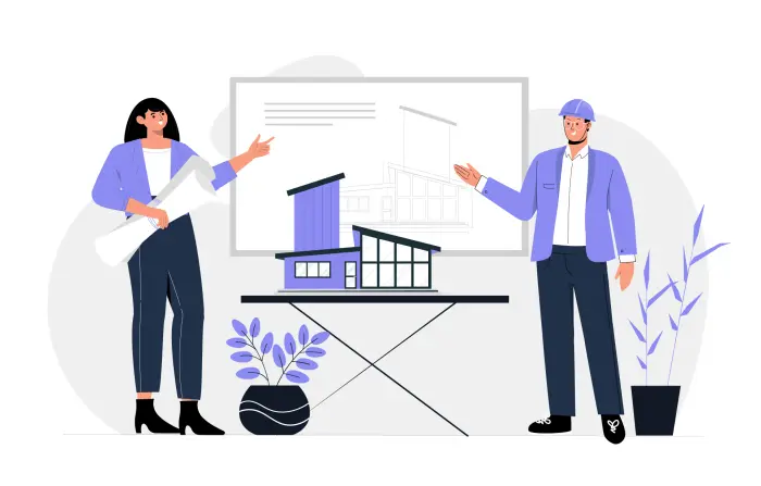 Male and Female Engineer Working on Plan in the Office Flat Character Illustration image